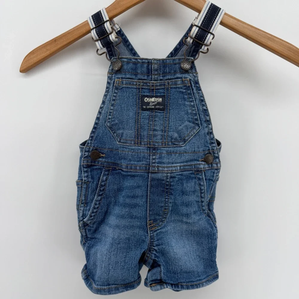 OshKosh B'gosh Baby Boy Denim Shortalls Blue Overalls 12M unisex stripes